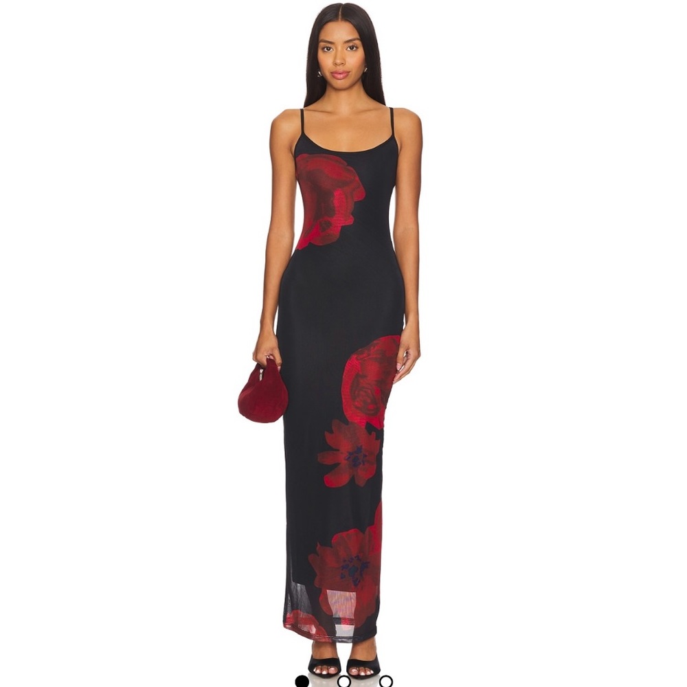 Superdown Jolene Black Maxi Dress with Red Floral Design